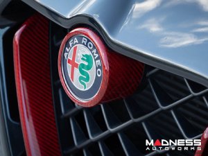 Alfa Romeo Stelvio Front V Shield Grill Frame + Emblem Frame Kit - Carbon Fiber - Red Candy - QV Model